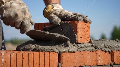 Hands laying bricks with mortar construction site building process