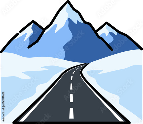 Winding road through snowy mountains in a blue landscape with clear skies isolated on a transparent background creating a serene outdoor travel scene