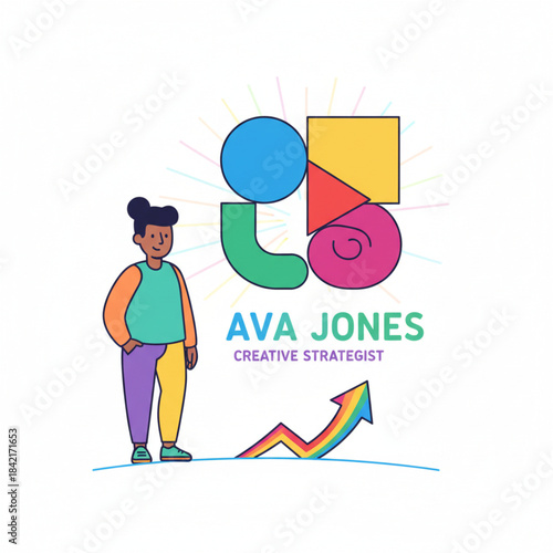 Creative strategist personal branding with professional woman and colorful geometric shapes