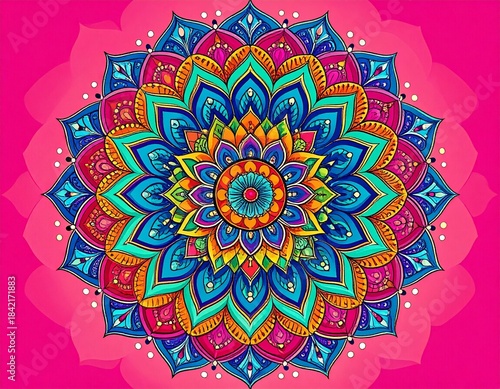 High-end rangoli mandala illustration, perfectly symmetrical radial design, crisp vector strokes, decorative paisley and lotus elements, bold color harmony, ornamental Indian folk art style, ultra-HD 