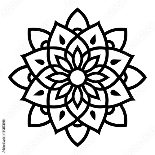 Detailed symmetrical floral mandala line art design in black and white style