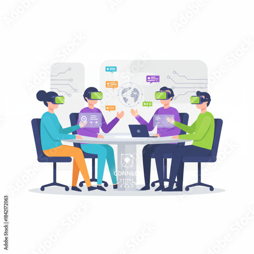 Team of professionals wearing VR headsets for virtual reality business meetings and collaboration