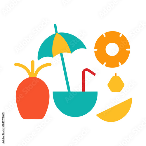 A collection of summer icons including a pineapple fruit and a refreshing cocktail drink