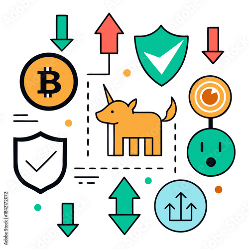 Financial technology and blockchain security concept featuring cryptocurrency symbols and startup unicorn