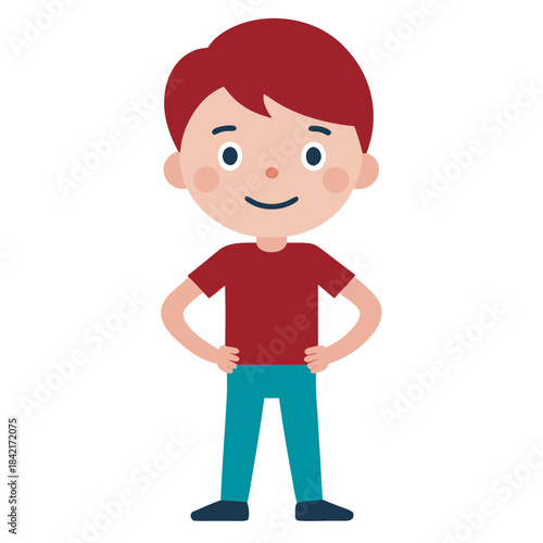 Cute cartoon illustration of a young boy smiling happily with hands placed on his hips