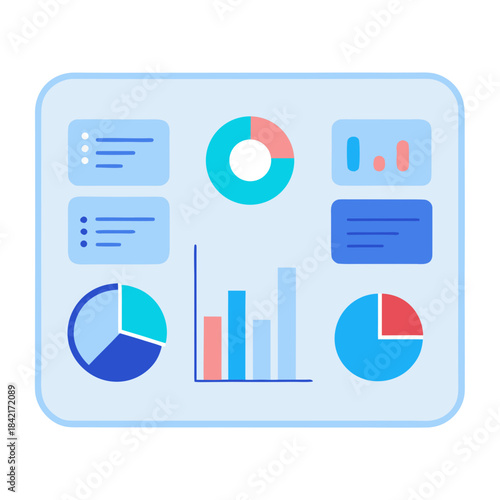 Data analysis dashboard interface with various statistical charts and graphs