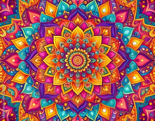 High-end rangoli mandala illustration, perfectly symmetrical radial design, crisp vector strokes, decorative paisley and lotus elements, bold color harmony, ornamental Indian folk art style, ultra-HD 