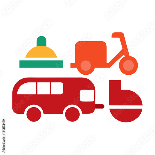 A collection of transportation and miscellaneous object icons featuring a red bus and an orange scooter