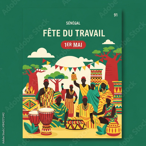 Vibrant illustration of Senegal's Labor Day celebration on May 1st, featuring people in traditional attire, drums, baobab trees, and festive decorations.