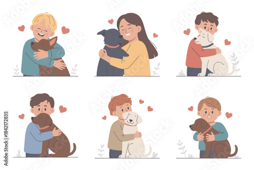 Kids Petting Dogs Vector Showing Friendship with Puppies