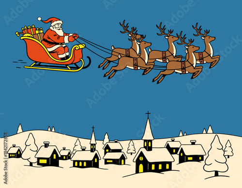 santa, claus, reindeer, flying, sleigh, city, town, village, snow, snowy, night, christmas, eve, holiday, festive, gifts, presents, winter, scene, illustration, drawing, retro, vintage, classic, graph
