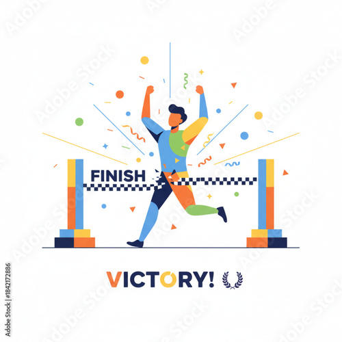 Runner crossing the "Finish" line with hands raised for goal achievement and personal victory.