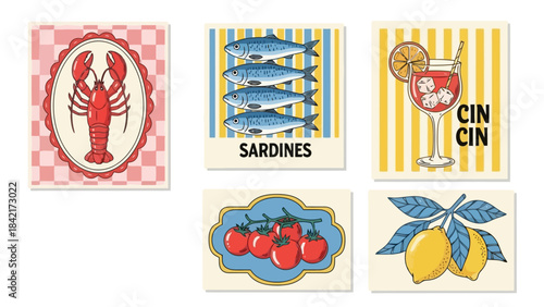 Retro Style Food and Drink Vector Illustrations Set with Lobster, Sardines, and Cocktail