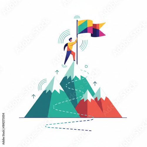 Person planting a flag on a mountain peak representing achievement and business success