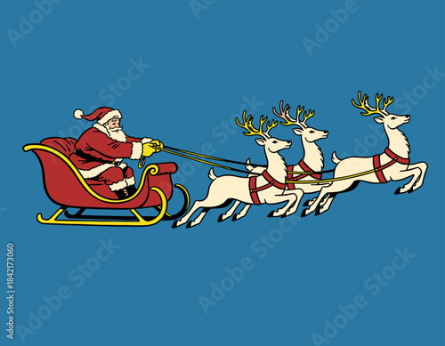 santa, claus, reindeer, flying, sleigh, city, town, village, snow, snowy, night, christmas, eve, holiday, festive, gifts, presents, winter, scene, illustration, drawing, retro, vintage, classic, graph