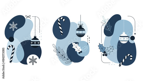 Abstract Blue Christmas and Winter Holiday Decorations, Vector Graphic Set