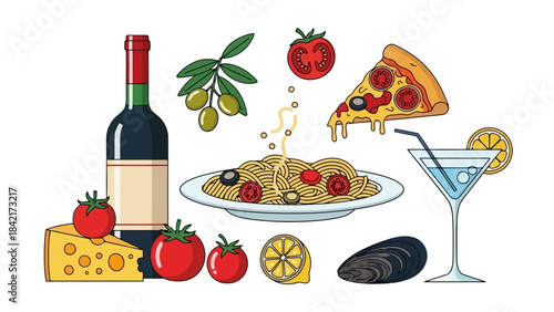 Italian Food and Drink Assortment with Wine, Pasta, Pizza, and Cocktail