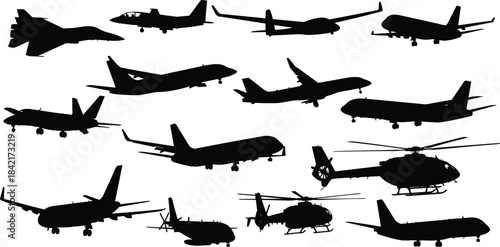 Collection of black airplane and helicopter silhouettes on white background aircraft