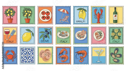 Collection of Italian Riviera Themed Stamps Featuring Food, Drink, and Landmarks