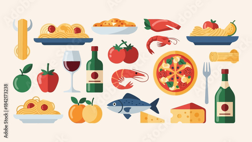 Assorted Italian Food and Drink Icons Set Flat Vector Illustrations