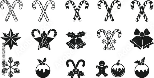 Collection of black and white Christmas icons including candy canes snowflakes bells gingerbread man and pudding