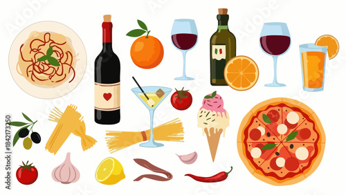 Italian Food and Drink Assortment: Pizza, Pasta, Wine, and Cocktails Vector Set