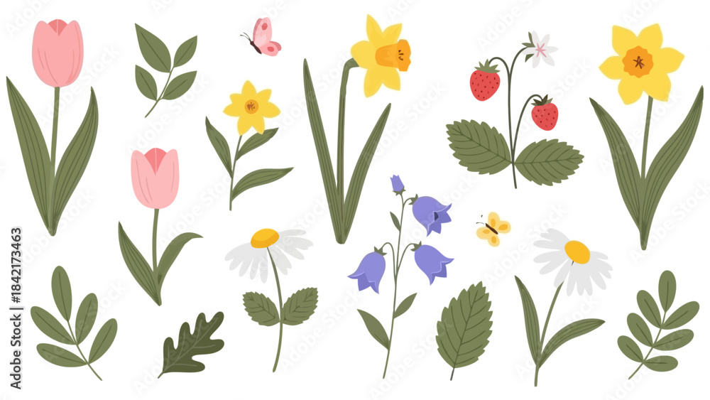 Fototapeta premium Springtime Floral Elements: Tulips, Daffodils, Bellflowers, Daisies, and Strawberries