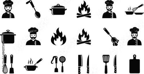 Collection of black cooking icons featuring chefs pots flames and utensils on white background