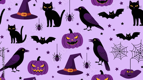 Spooky Halloween seamless pattern with black cats, crows, pumpkins, bats, and spiders