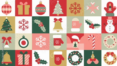 Geometric Christmas Icons Pattern Seamless Background with Festive Holiday Symbols