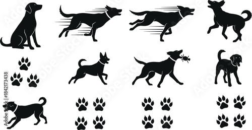 Collection of black dog silhouettes in various poses and paw print graphics on white background