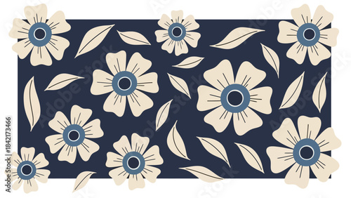 Creamy Floral Pattern with Blue Accents on Dark Navy Background