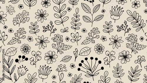Hand-drawn floral seamless pattern with delicate flowers and leaves on beige