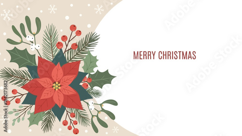 Elegant Christmas Poinsettia and Holly Branch Floral Design with Snowflakes