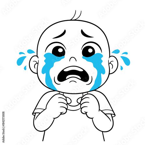 Animated young child with large eyes crying tears of sadness and distress holding hands together in distress and fear illustration