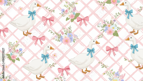 Cute Goose and Floral Pattern with Pink Grid Background - Adorable Design