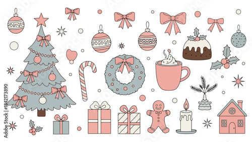 Cute Christmas Doodle Set with Ornaments, Tree, Gifts, and Festive Elements