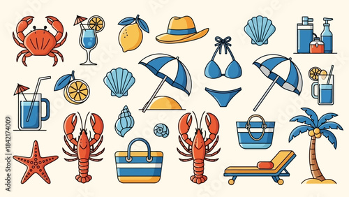 Vibrant Summer Beach Icons Collection: Travel, Vacation, and Relaxation Elements