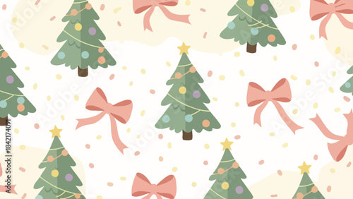Festive Christmas Tree and Pink Bow Seamless Vector Pattern with Confetti