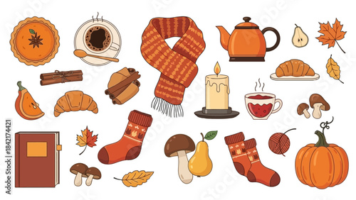 Cozy Autumn Icons: Pumpkin Pie, Scarf, Tea, Candle, and More