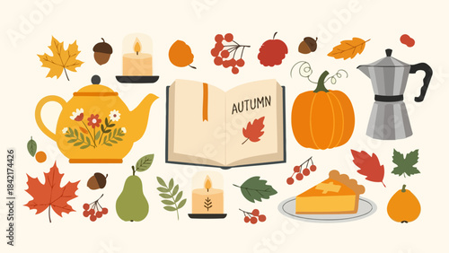 Autumnal Still Life Vector Illustration with Pumpkins, Pie, Teapot, and Leaves
