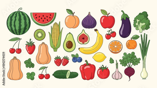 Colorful Assortment of Fresh Fruits and Vegetables, Vector Illustration