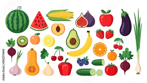 Vibrant Assortment of Fresh Fruits and Vegetables, Isolated on White Background