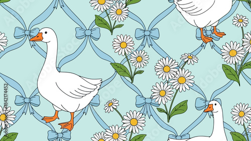 Cute White Goose and Daisy Flowers Pattern on Blue Ribbon Grid Background