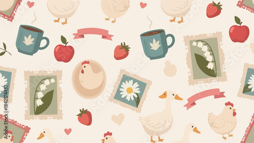 Whimsical Farm Life Seamless Vector Pattern with Cute Animals, Flowers, and Fruit