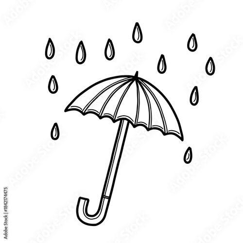 Hand drawn umbrella and raindrops line art on white background. vector illustration