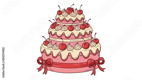 Hand-drawn tiered pink cake with cherries and frosting, sweet dessert illustration