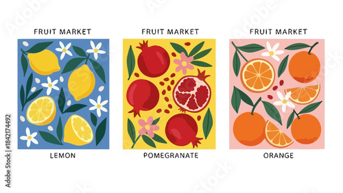 Set of colorful fruit market vector illustrations with lemons, pomegranates, and oranges