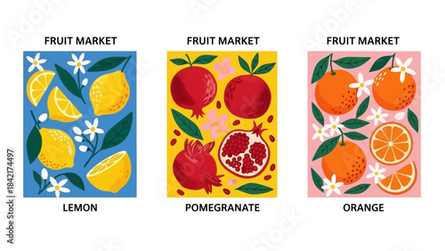 Set of Three Vibrant Fruit Market Illustrations: Lemons, Pomegranates, and Oranges