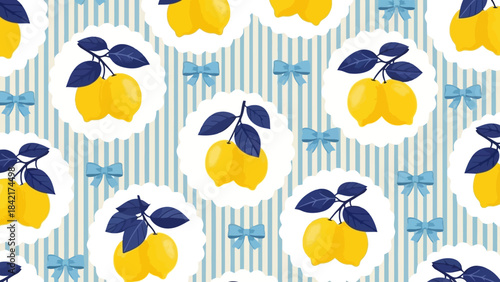 Seamless Lemon Pattern with Blue Bows on Striped Background Vector Illustration